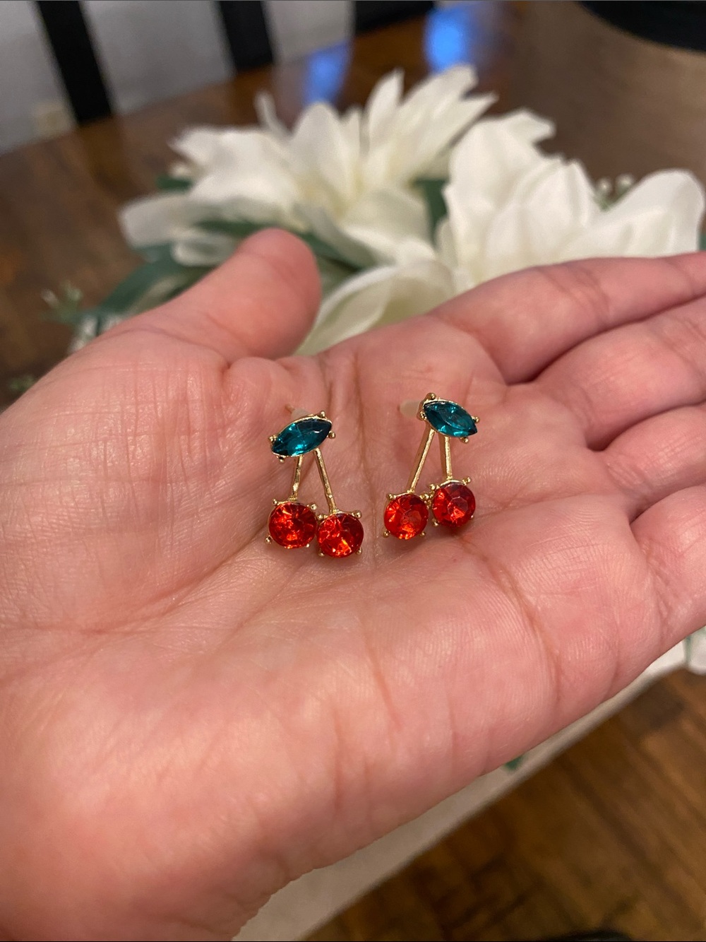 Gold tone Cherry Drop Earrings with Red and Green leaf Stones - Picture 5 of 8